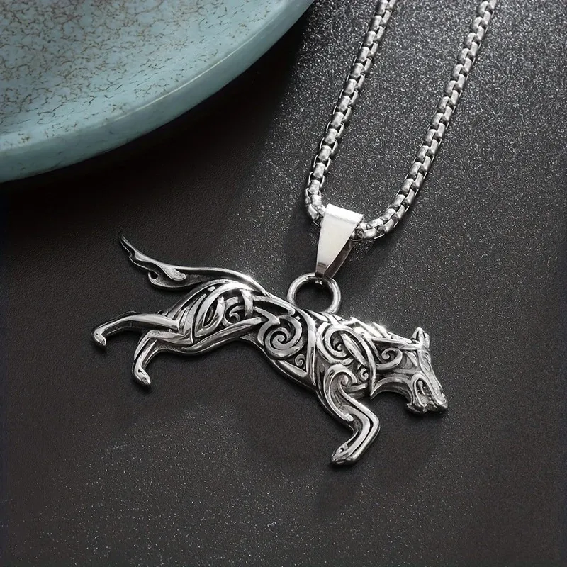 Viking Wolf Pendant Stainless Steel Necklace Viking Celtic Wolf Hip Hop Style Necklace Men and Women's Same Pendant Gifts
