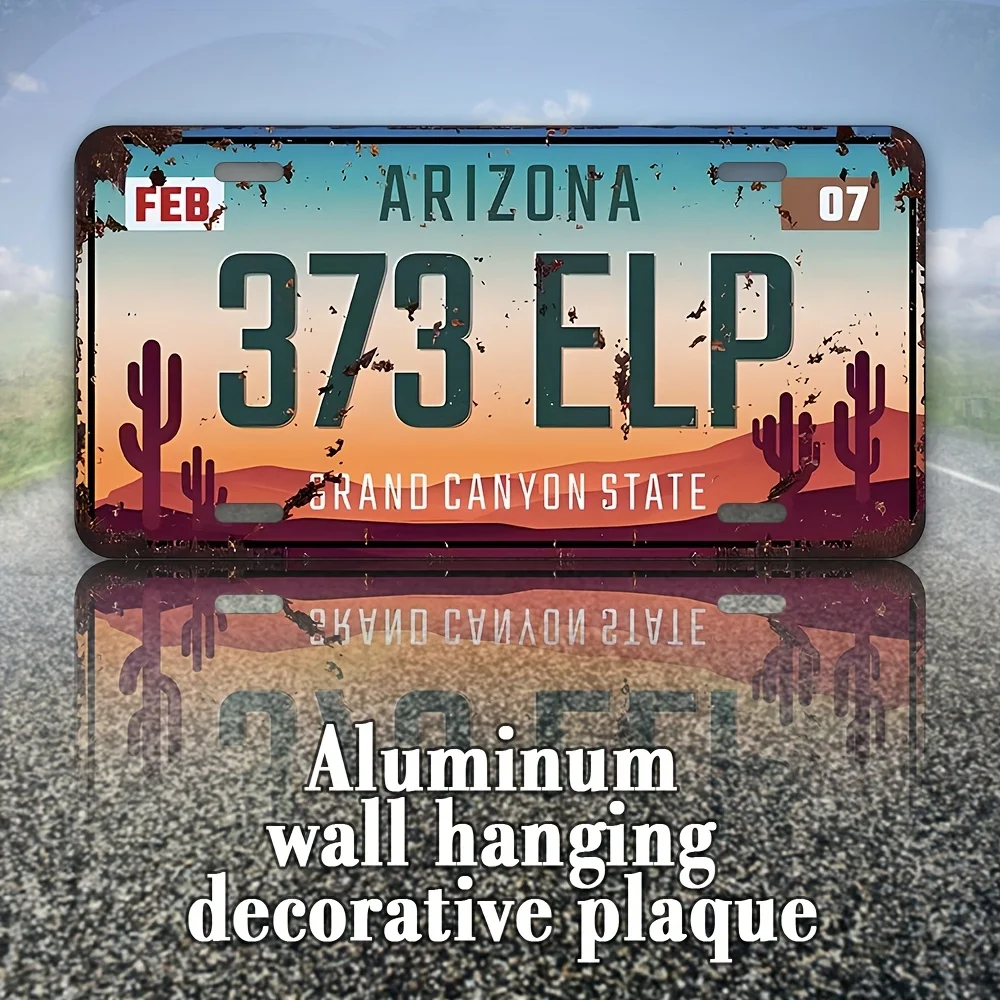 Vintage Arizona State License Plate Aluminum Wall Art Sign - Rustic Decorative Plaque with Cactus & Sunset Design for Home, Bar