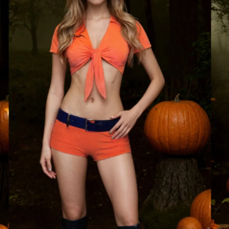 Women's Halloween 3 Piece Prisoner Costume Set Tie Front Short Sleeve Crop Top+Shorts+Belt 3Pcs Cosplay Outfit Sets