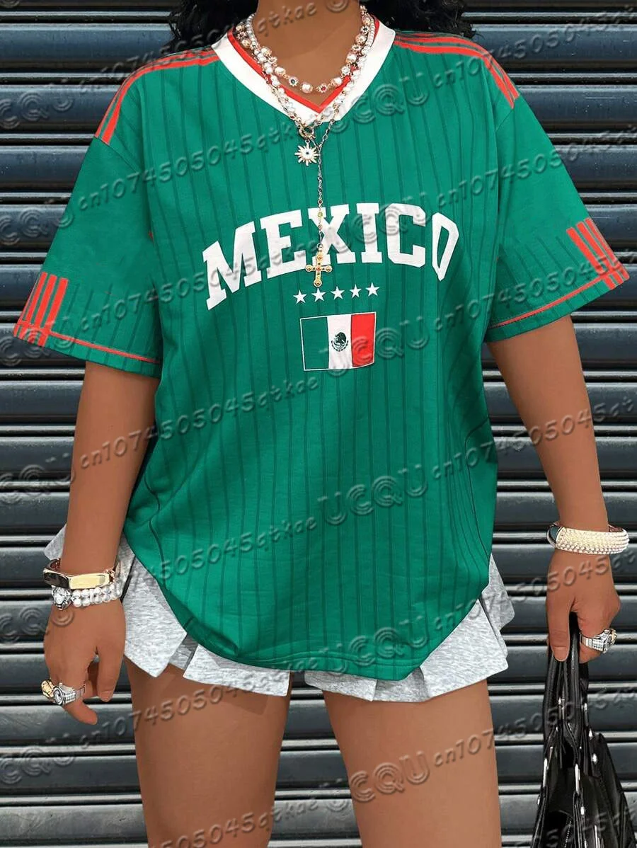 Women'S Mexican Digital Printed Football Jersey T-Shirt V-Neck Loose Quick Drying Short Sleeved Sportswear Casual Clothing Top