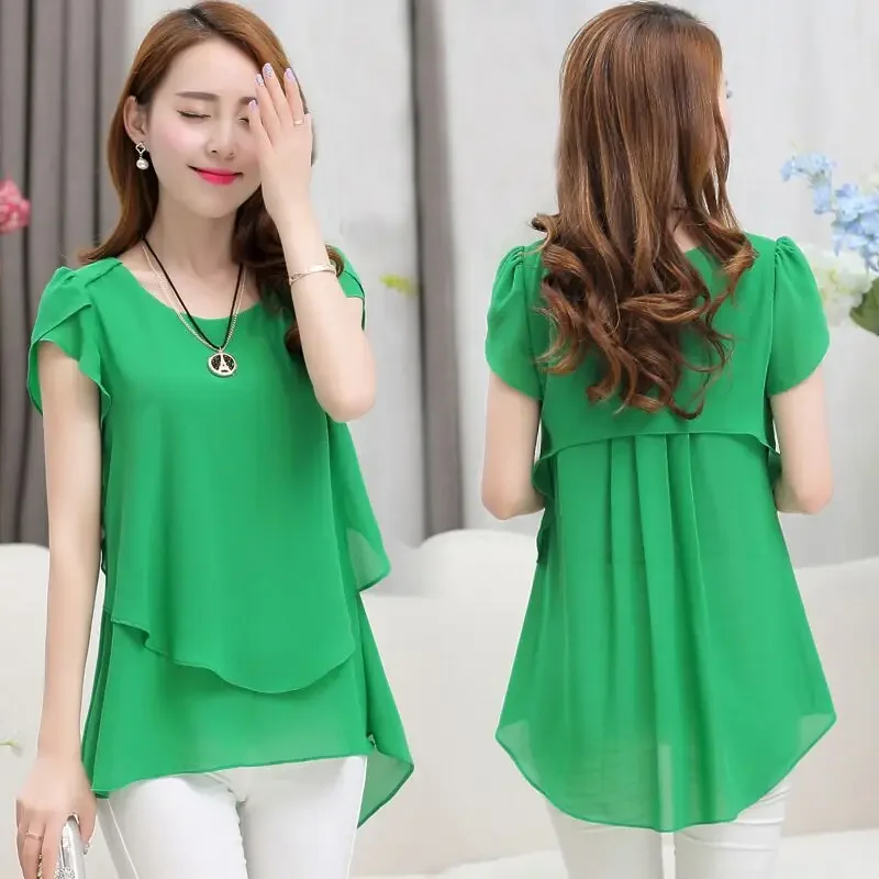 Womens Short Sleeve Chiffon Blouse Peplum Summer Tops Ladies Long Office Shirts Ruffle Blouse Femme 4XL 5XL
