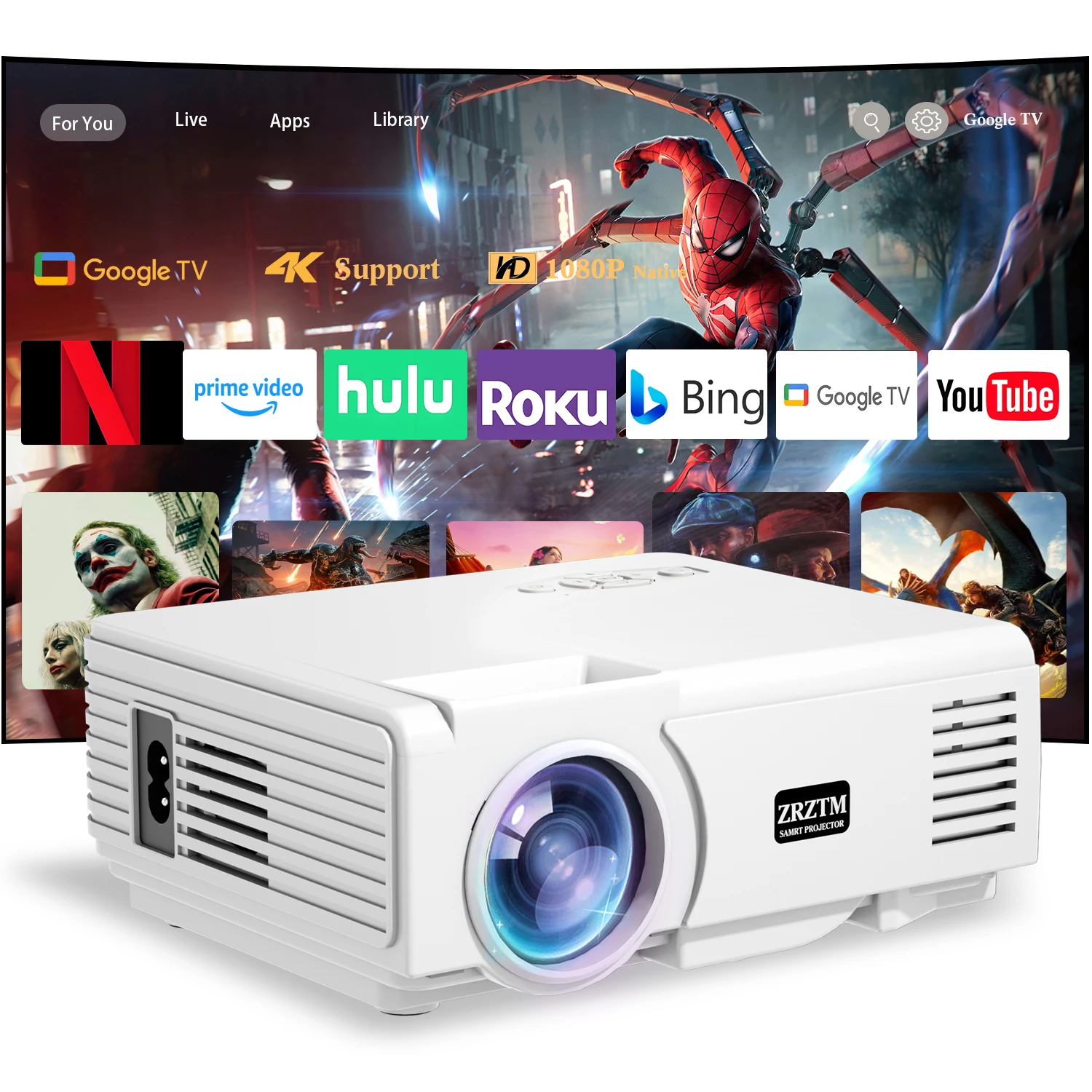 ZRZTM HD 4K video Projector Portable Mini 1080P projecter with HDMI USB Wireless for TV/home theater/gifts/outdoor watch movie