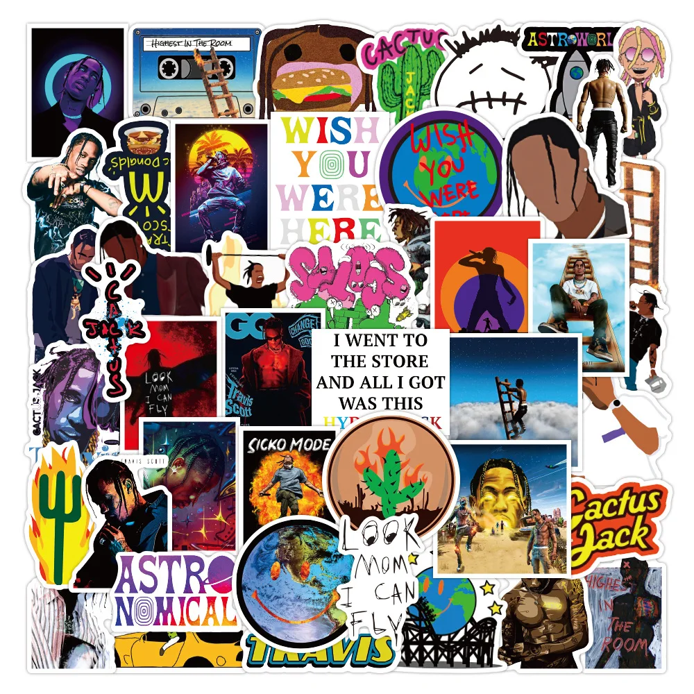 10/30/50PCS Cool Rapper Travis Scott Singer Stickers Bike Skateboard Fridge Guitar Luggage DIY Waterproof Joke Sticker Kid Toys