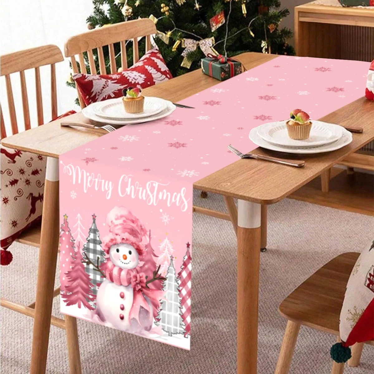 1pc Pink Snowman Christmas Table Runner Merry Christmas Decoration for Home 2025 Kitchen Dinning Table Decor New Year 2026 Gifts