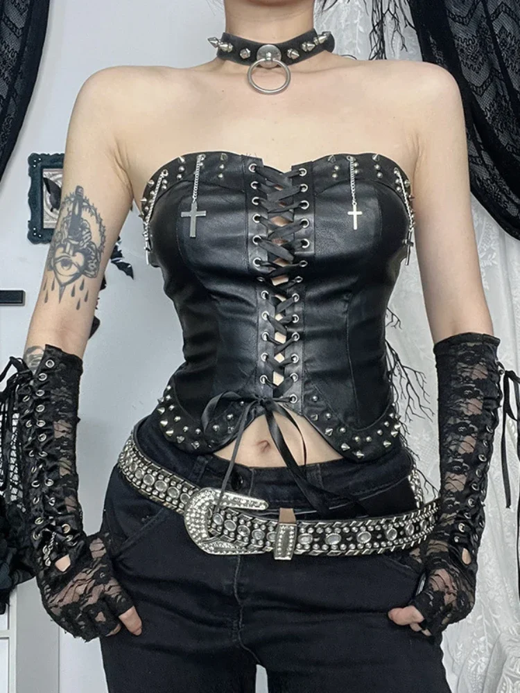 2025 New Harajuku Vintage Y2k Pu Vest Women's Dark Gothic Cyber Punk Streetwear Strapless Rivets Bandage Corset Crop Tank Tops
