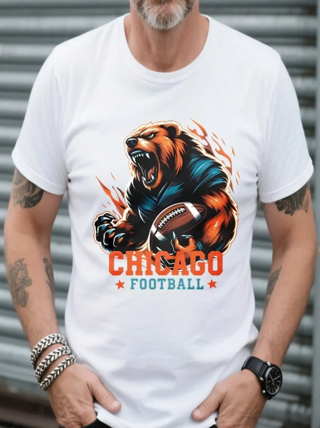 2025 Summer Men's Chicago Football Bear Printed Crew Neck T-Shirt Casual Fashion Soft Sports Cotton White Short Sleeves