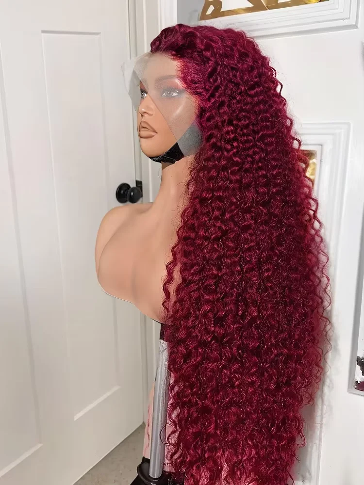 250 Density 13x4 Curly 99J Burgundy Lace Front Wig Red Wine 30 Inch Deep Wave Brazilian HD Glueless Lace Frontal Human Hair Wigs