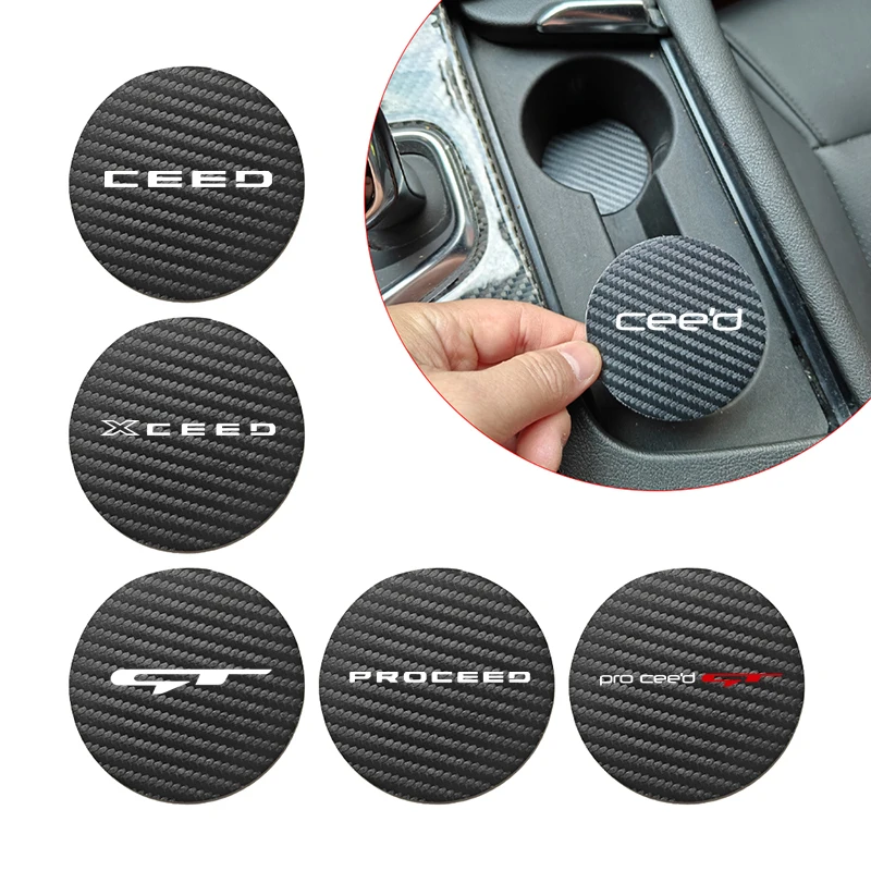 2PCS 68MM Carbon Fiber PU Leather Car Water Cup Pad Water Cup Mats For KIA CEED PRO CEED GT XCEED 2020 2021 2022 2023 2024 2025+