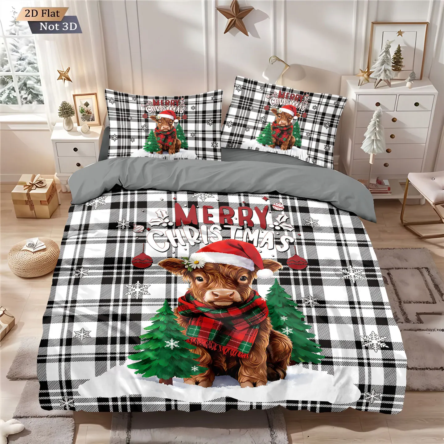 3pcs checkered Christmas highland cow print coreless bedding set multi size bedroom duvet cover decoration machine washable