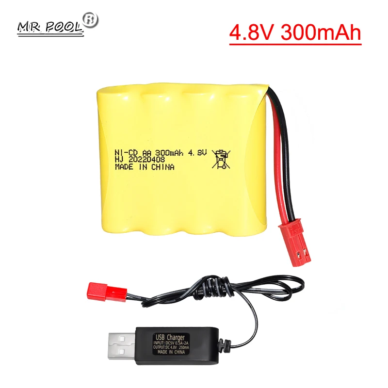 4.8V 300mAh Ni-CD Battery JST-2P With 4.8V USB charging cable Rechargeable AA Battery Pack for Remote Control Toy Car 4.8V Ni-CD