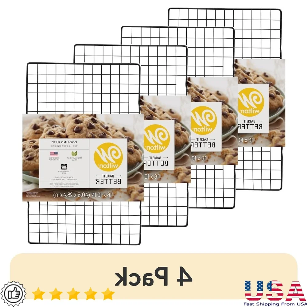4 Pack Rectangular Cooling Grid Rack Non-Stick Durable Cooling Rack Baking Roasting Even Airflow Dishwasher Safe Perfect Cakes