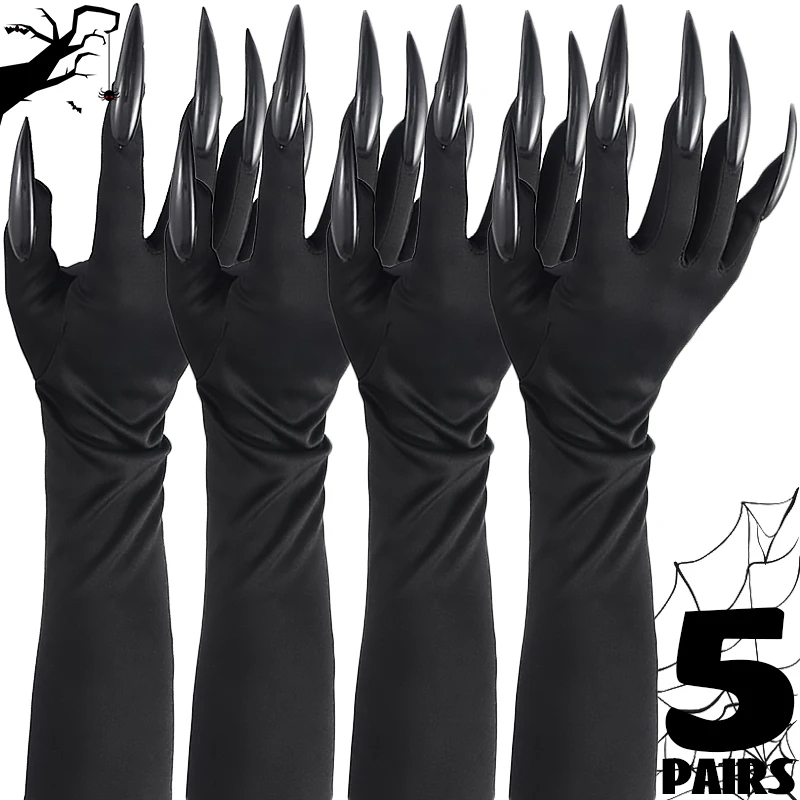 5/1pair Scary Long Nails Gloves Halloween Cosplay Ghost Claw Black Nails Finger Gloves Arm Sleeves Party Costumes Props Supplies