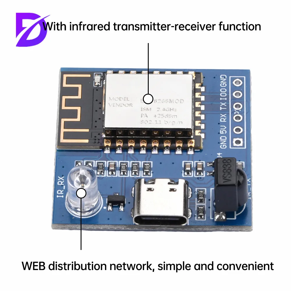 5/1Pcs ESP8266 Infrared Emission Reception NEC Command WIFI Transmission Module Development Board Board ESP-12F Module TYPE-C