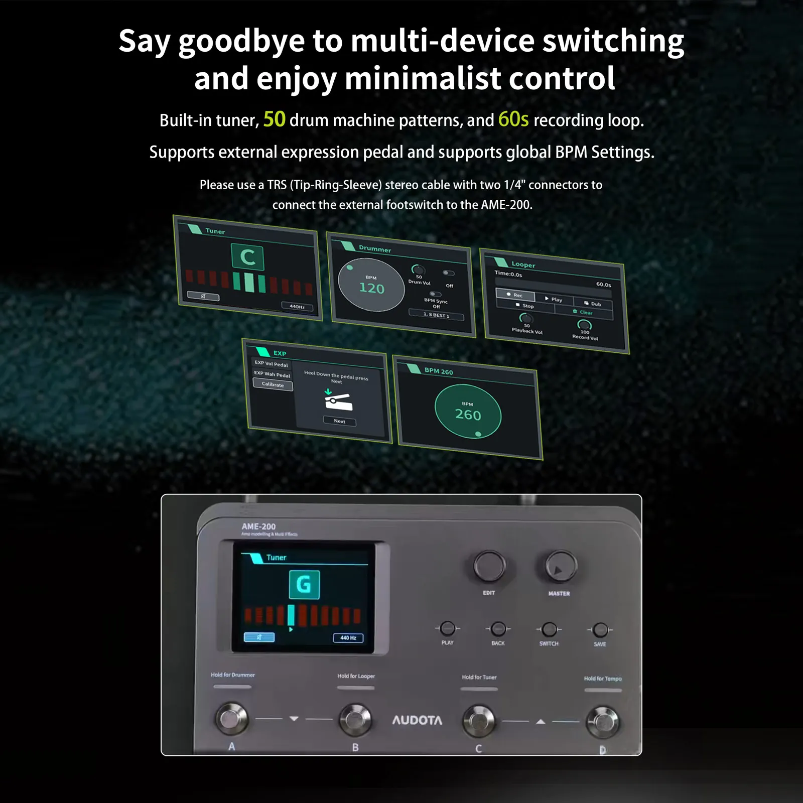 Audota Ame-200 Pro Amp Modeler 200 Presets, 10 Effects, Expression Pedal, Tuner, Looper & Rechargeable Battery