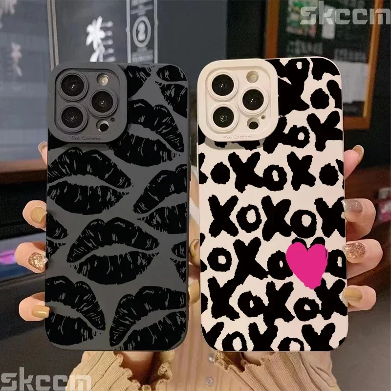 Black Lips Kiss Cell Phone Protective Case For iPhone 16 Pro Max 15 14 13 12 11 Pro Max 7 8 14 15 Plus X XS XR Matte Cover