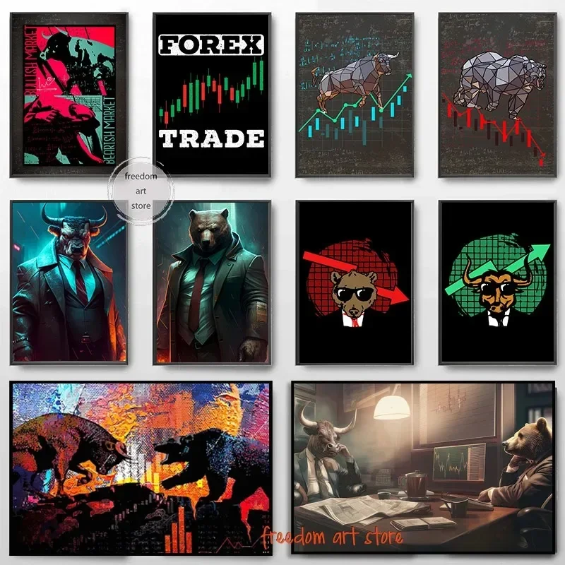 Bull Bear Stock Market Wall Street Crypto Art Bulls Vs Bears Canvas Painting Wall Decor Posters Prints