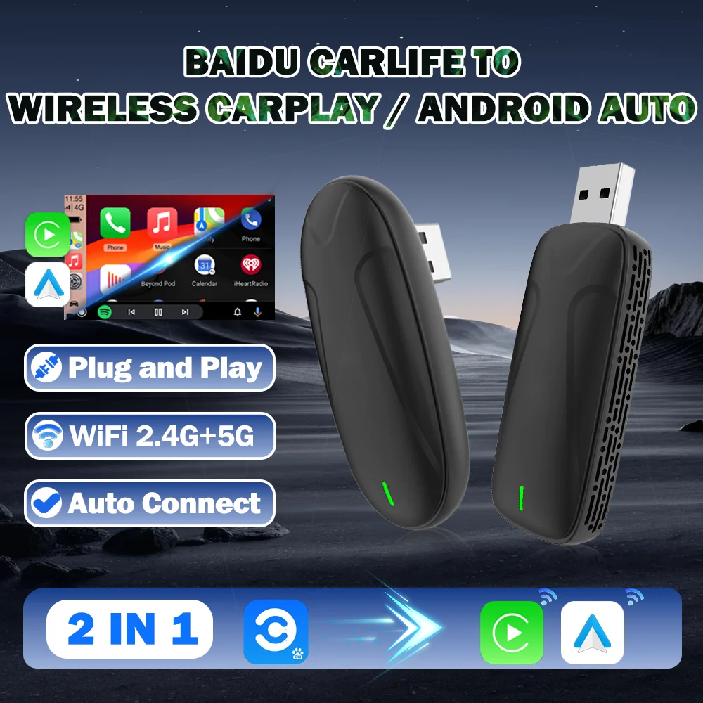 Carlinkit Baidu Carlife to Wireless CarPlay Android Auto Adapter 2 in 1 Streaming Box Plug and Play Auto Connect 2.4G+5G WiFi