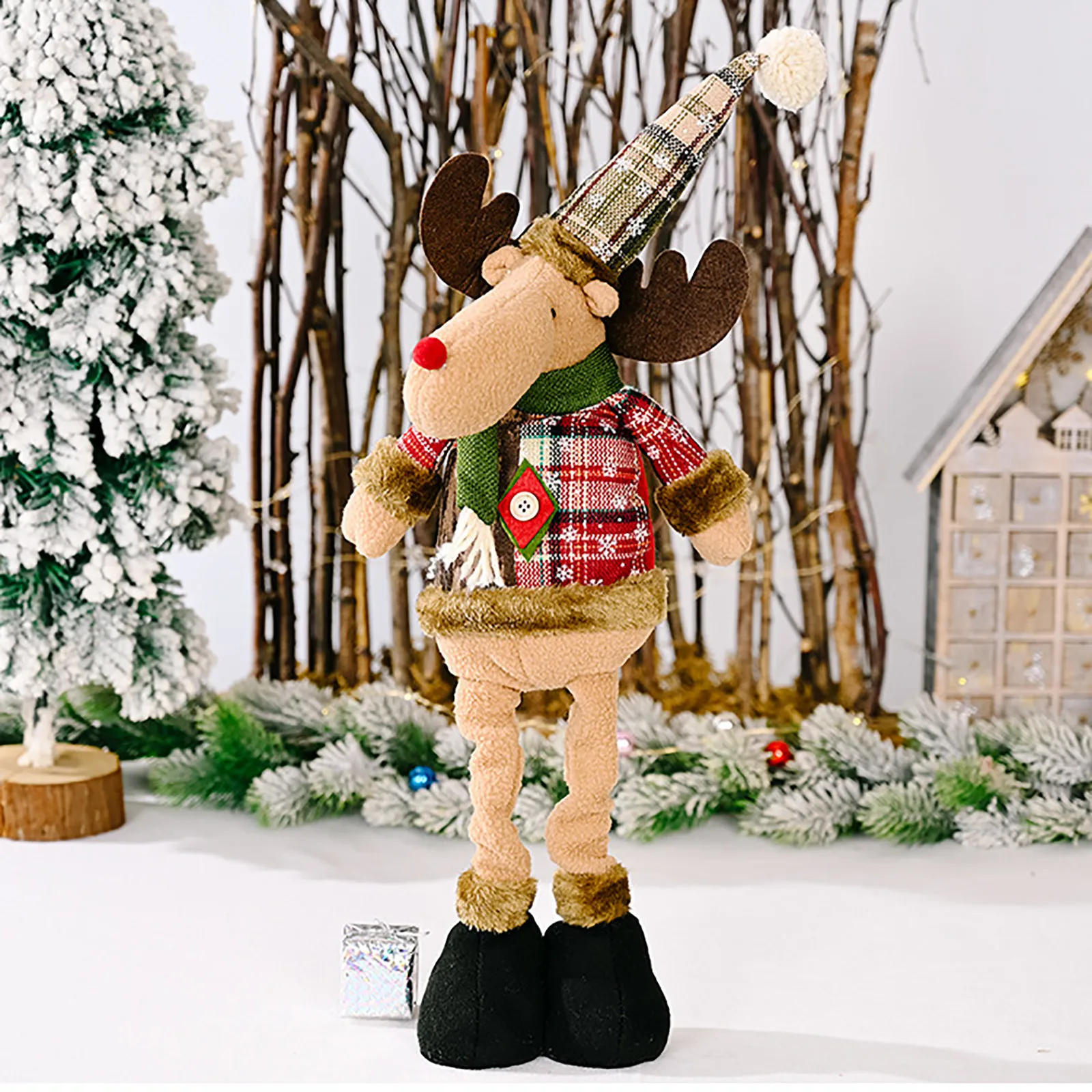 Christmas Retro Snowflake Plaid Fabric Stretch Moose Doll Holiday Festive Home Decor Ornament Unique Xmas Decor Gift Ornament