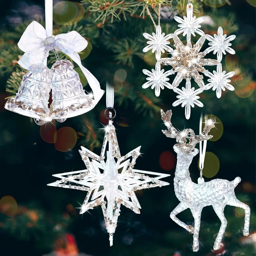 Christmas Tree Hanging Decoration Acrylic Transparent Snowflake Elk Angel Doll Bell Pendant New Year Party Home Decor Kids Toy