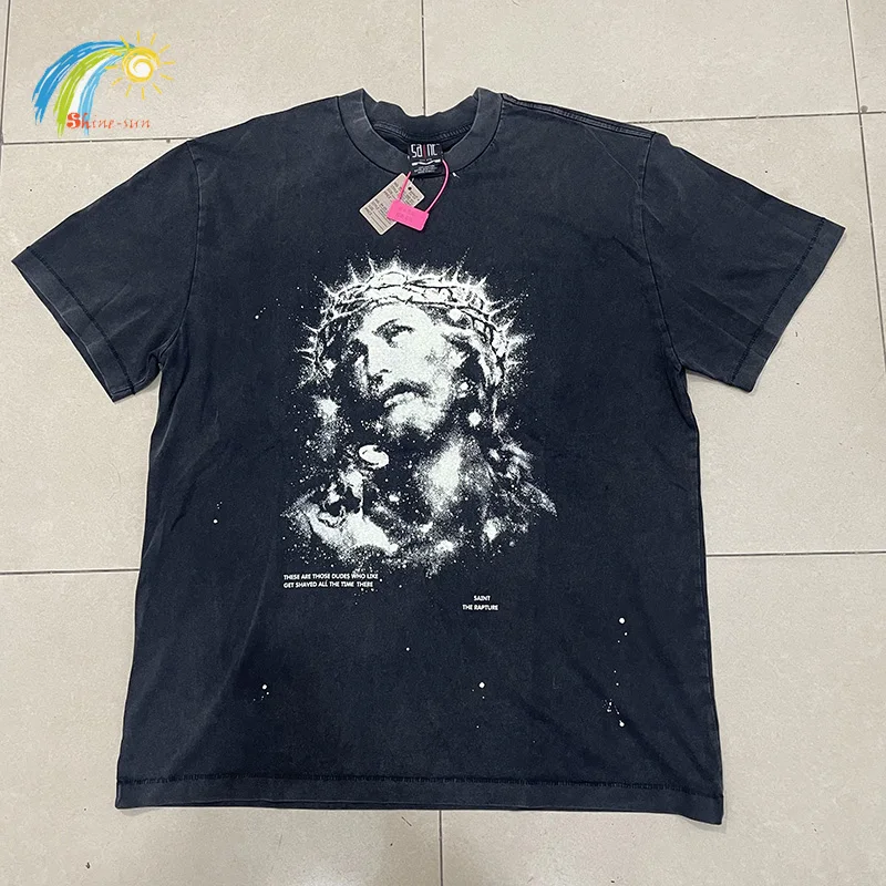 Classic Thorn Jesus Print Saint T-Shirt Men Women High Street Vintage Washed Black Splash-Ink Tee Top Quality Oversized T Shirts