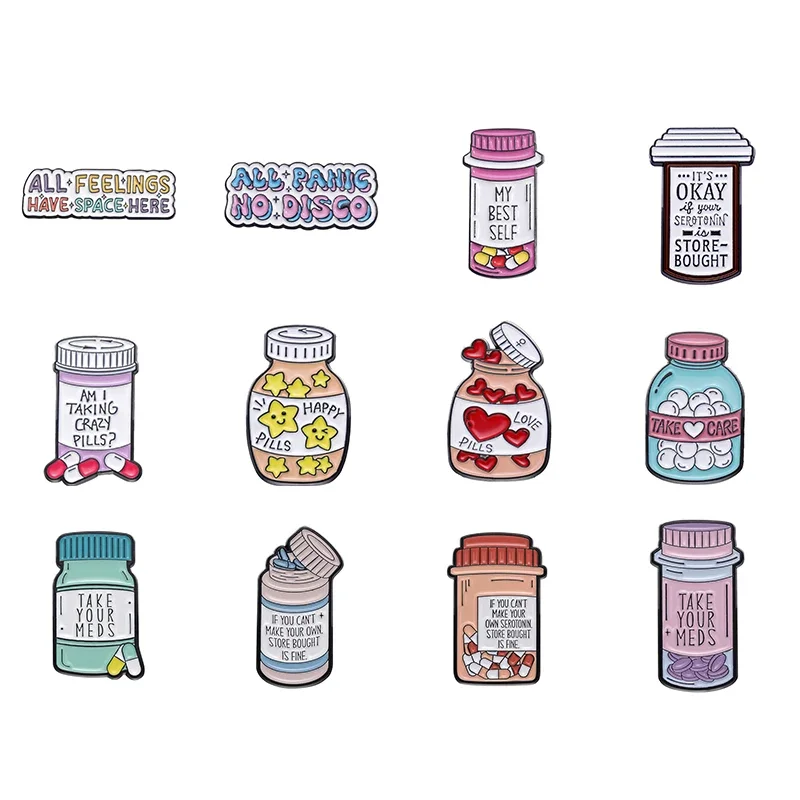 Creative Love Pill Medicine Jar Enamel Pin Funny Happy Take Care Music Band-Aid Brooch Lapel Badges Backpack Jewelry Wholesale