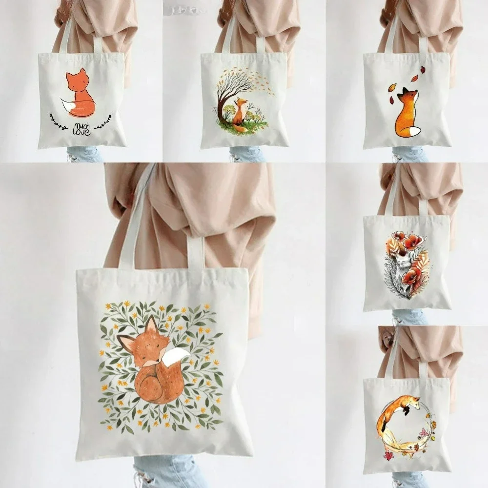 Cute Cartoon Fox Leaf Women Shoulder Bags Graphic Harajuku CanvasTote Handbag Large Capacity Shopper Bags Eco Girl Handbags
