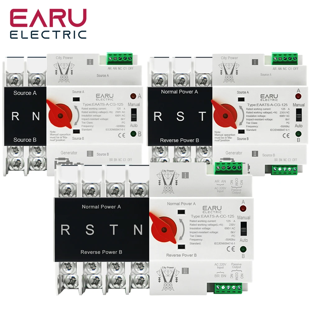 Din Rail 2/3/4P AC 110V 230V 125A Mini ATS Dual Power Automatic Transfer Switch Electrical Selector Switches Uninterrupted Power