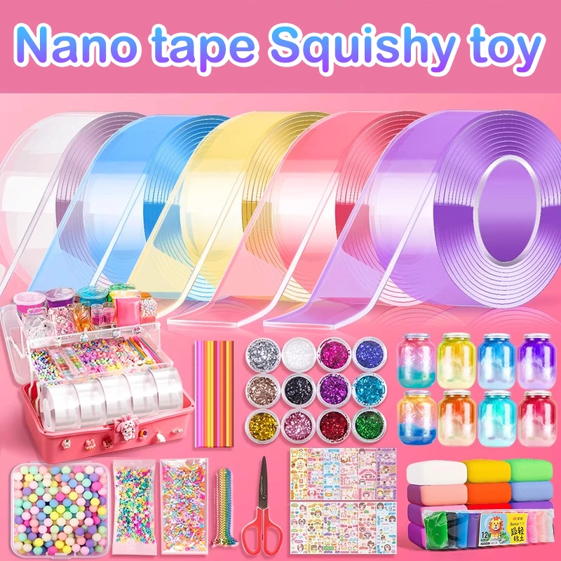 Double-Sided Nano Tape for DIY Craft, Bubble Blowing Pinch Toy, High Adhesive Colorful Reusable, Non-Marking.