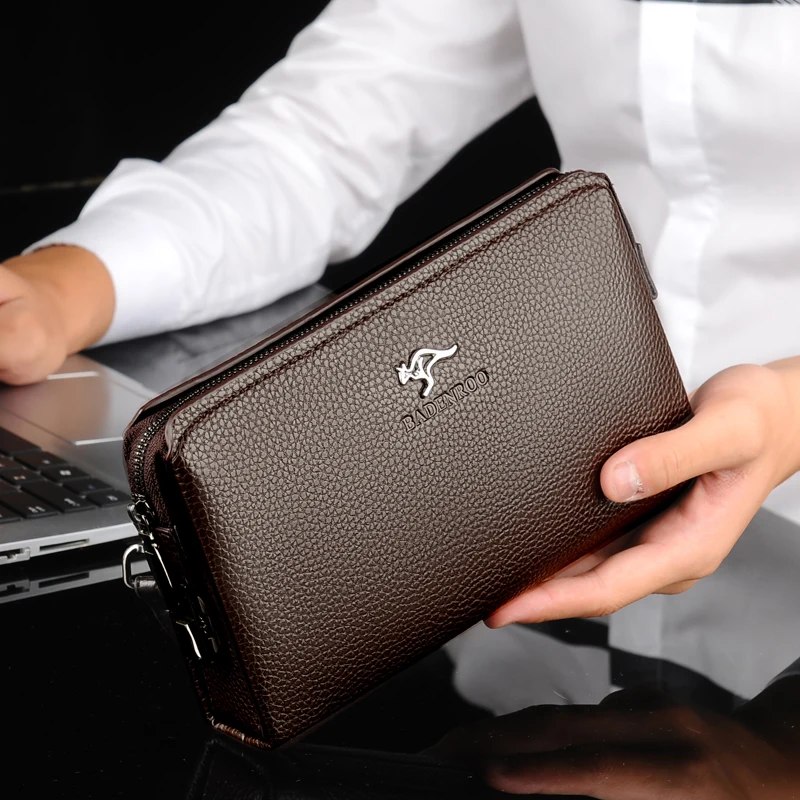 Famous Brand Double Zipper Men Clutch Bags PU Leather Men's Wallet Men Handy Bag Male Long Wallets Man Purses Carteira Masculina