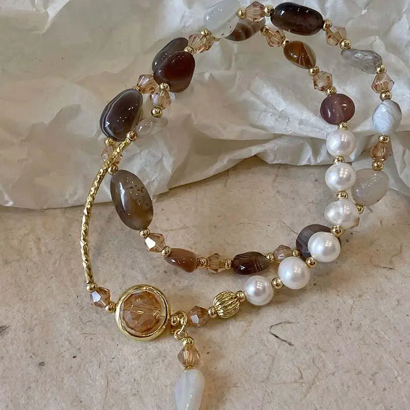 Fashion Double Layered Crystal Pearl Splicing Beaded Bracelets for Women Ethnic Crystal Beads Wrap Bracelet Bangle Jewelry Gifts