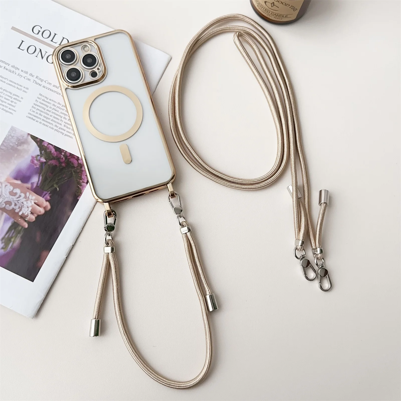 For iPhone 17 Air 16 e 15 Pro Max 14 13 12 11 Phone Case Lanyard Wrist Strap For Magsafe Crossbody Magnetic Plating Clear Cover