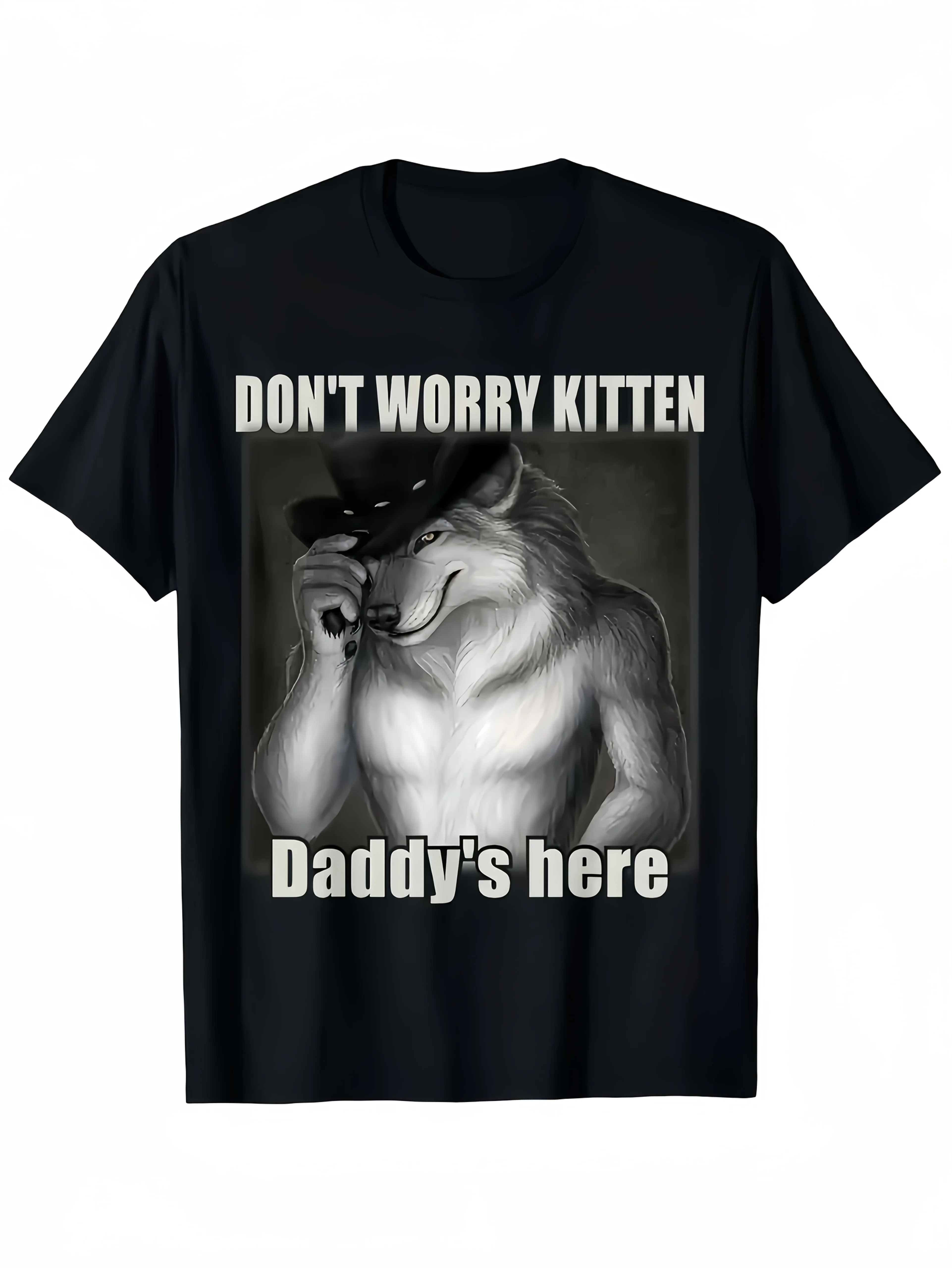 Funny Graphic T-Shirt Funny Graphic Print Mens Dont Worry Kitten Daddys Here Alpha Wolf Cowboy Hat Humor T-Shirt