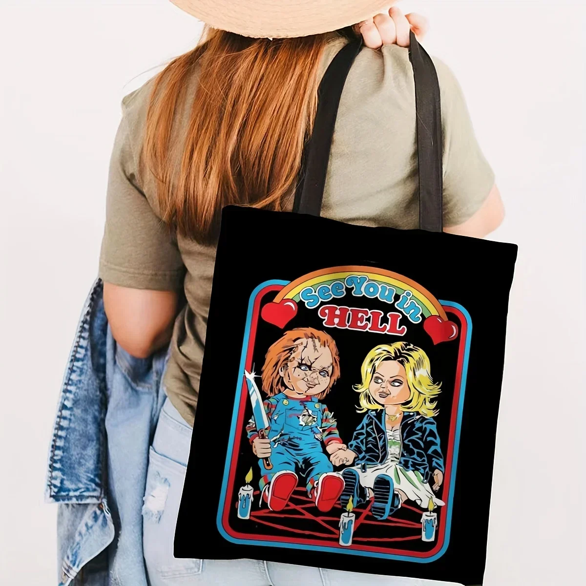Funny Halloween Funny Cartoon Horror Movie Tote Bag Large Capacity Canvas Shoulder Bag Perfect Halloween Festival Shopping Bag