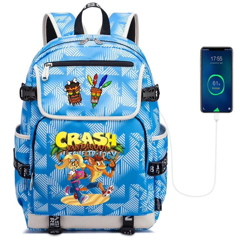 Game Crash Bandicoot Backpacks Men Women USB Charging Laptop Travel Bags Teenager Student kids Backpack Casual Mochila