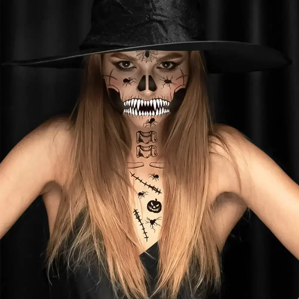 Halloween Skull Scar Tattoo Stickers Funny Scary for Masquerade Waterproof Sweatproof Face Tattoos