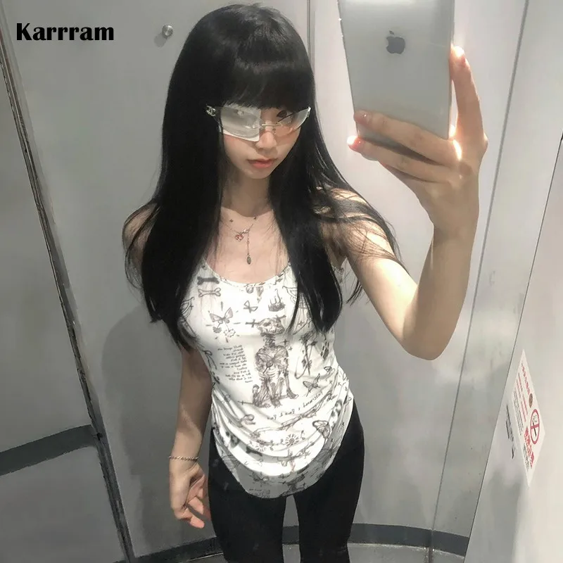 Karrram Japanese Y2k Camisole Trashy 2000s Irregular Tank Top Cyber Punk Print Cami Tops Grunge Aesthetics Slim Tanktop Harajuku