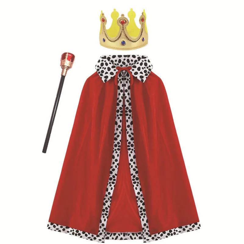King Costume for Girls Aldult Red Cloak Robe Crown Boys Royal Prince Cape Halloween Cosplay Dress Up