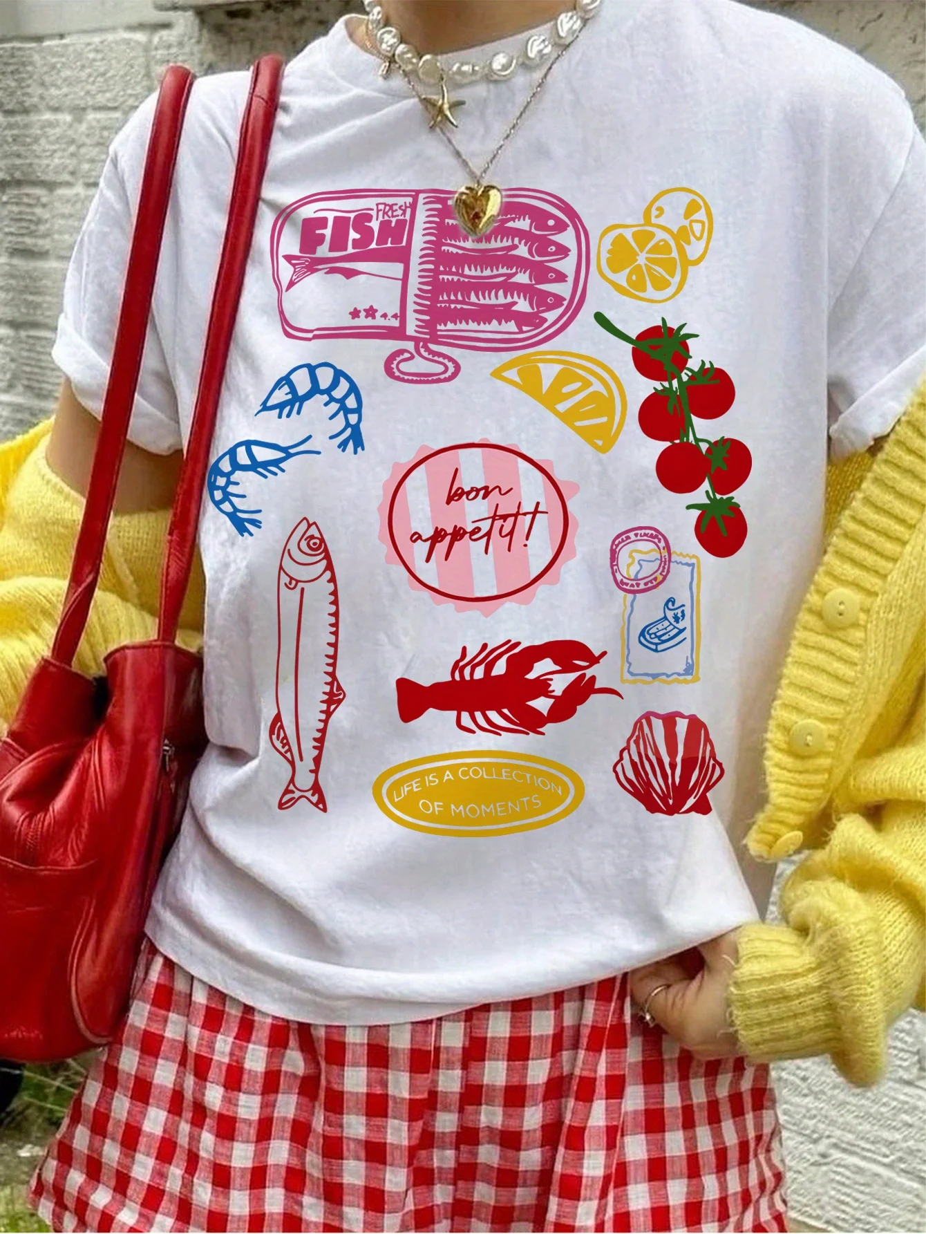 Ladies' Casual Short Sleeved T-shirt Seafood Fruit Pattern Print Tshirt Cotton Loose Women Graphic Tops Vintage Female Clothing