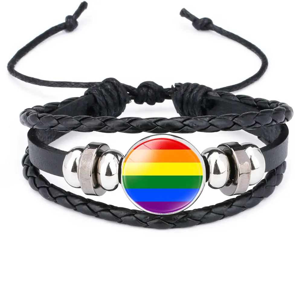 LGBT Gay Pride Leather Bracelet For Women Men Rainbow Glass Cabochon charm Bangle Wristband Fashion Jewelry Gift