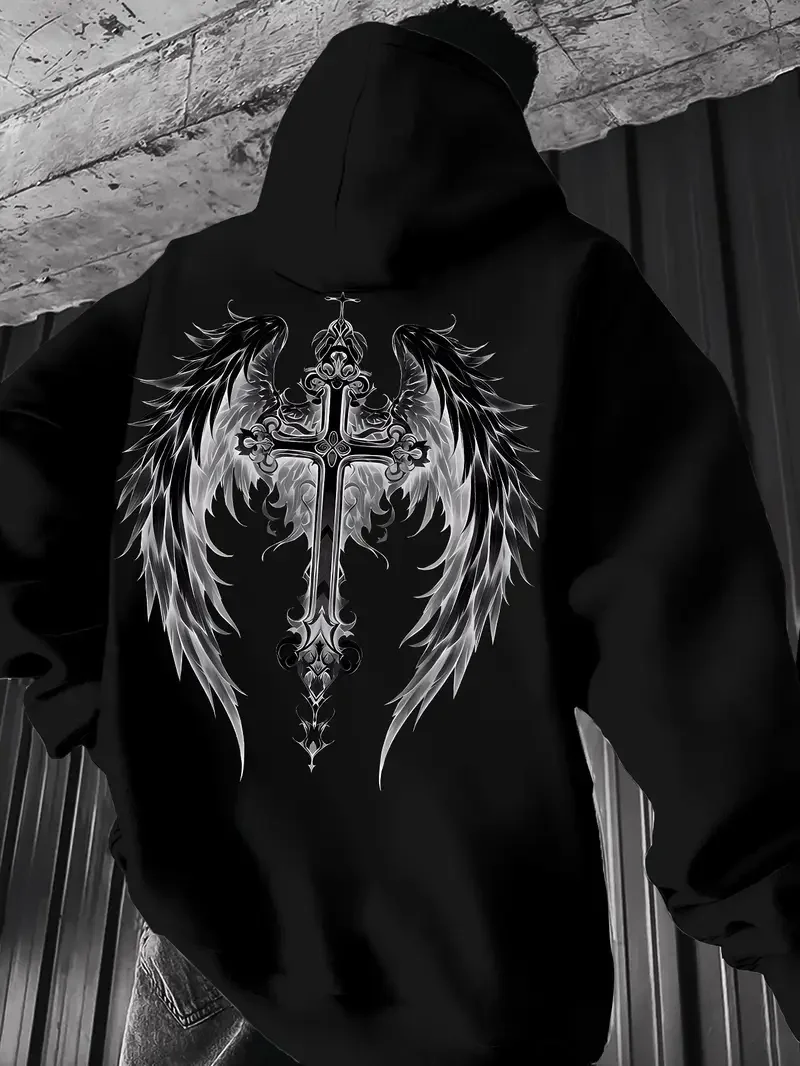Local stock of men's retro Gothic wing hoodies comfortable hooded sweatshirts with ropes and high-quality casual sweatshirts