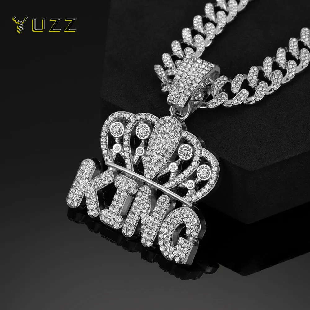 Men Hip Hop Crown KING Letter Pendant Necklace with 13mm Miami Cuban Chain Iced Out Bling HipHop Necklaces Fashion Women Jewelry