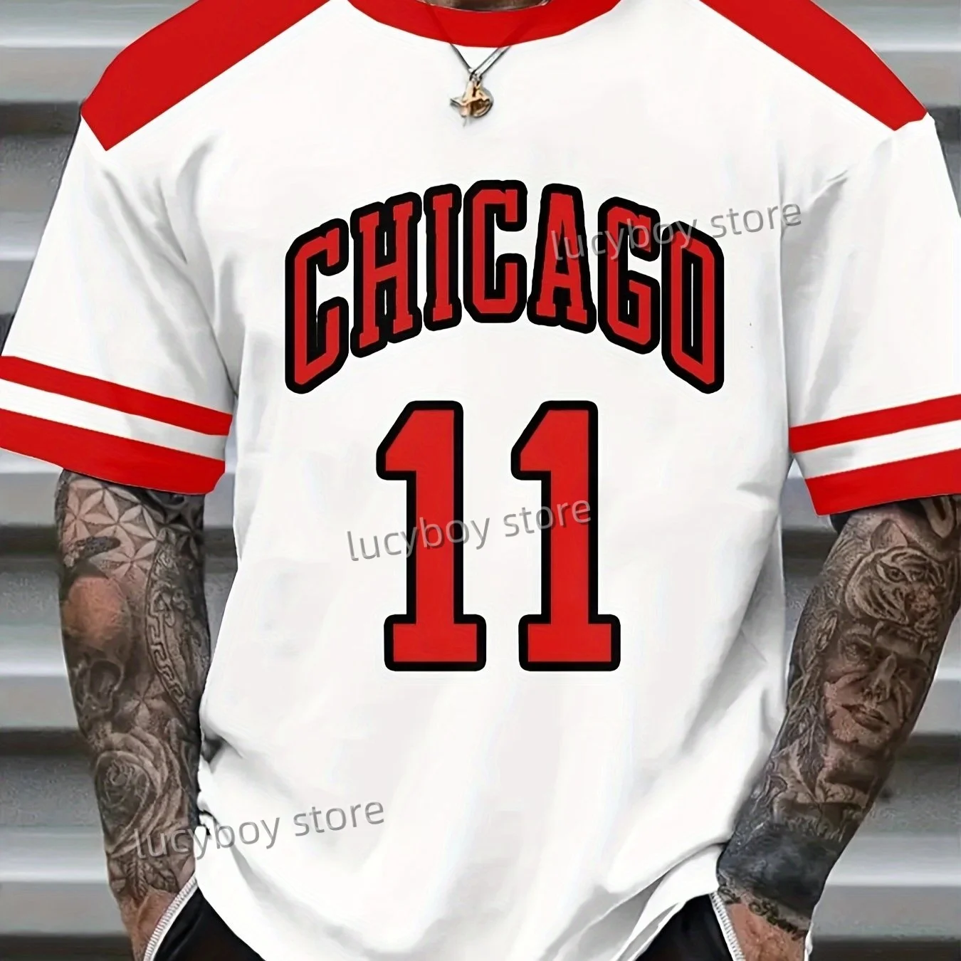 Mens Casual 3D Chicago No.11 Print T-Shirt Man Short Sleeve Sportwear Football T-Shirt Vintage Oversize Striped Tees Men Clothes