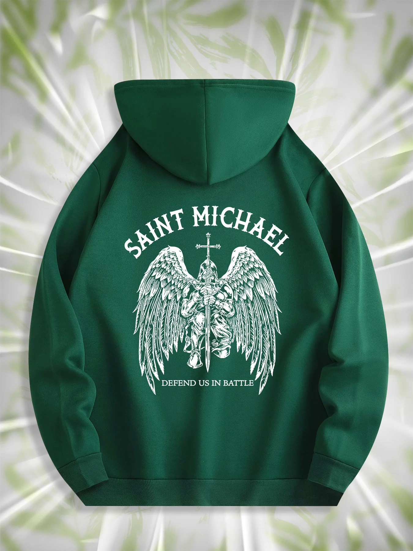 Men's casual printed hooded sweatshirt with the image of Saint Michael the Archangel and the phrase "Protect us in battle" promo