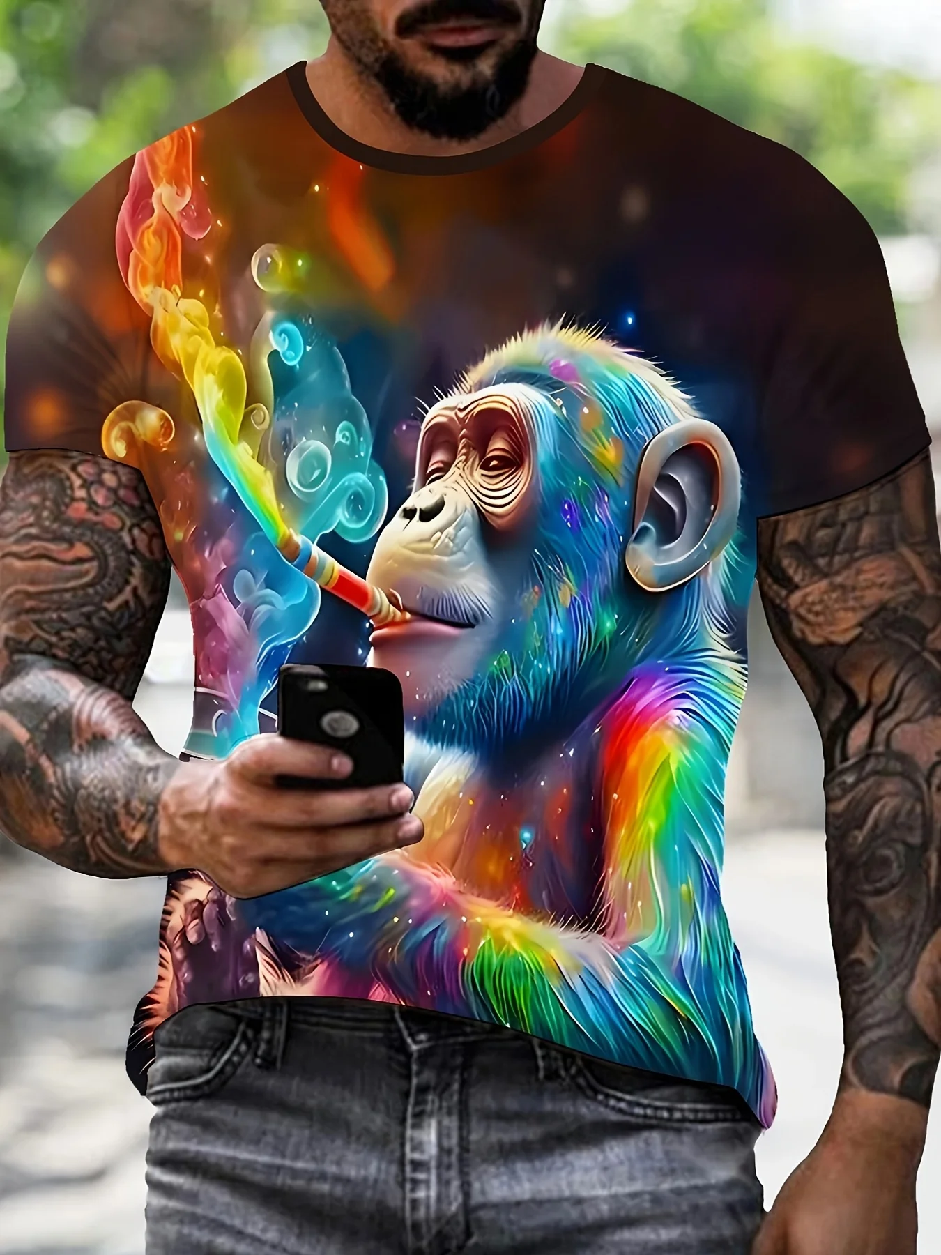Men'S Graphic T-Shirt - Bold Monkey Smoking Design & Rainbow Smoke - Lightweight Breathable Fabric for Everyday & Party