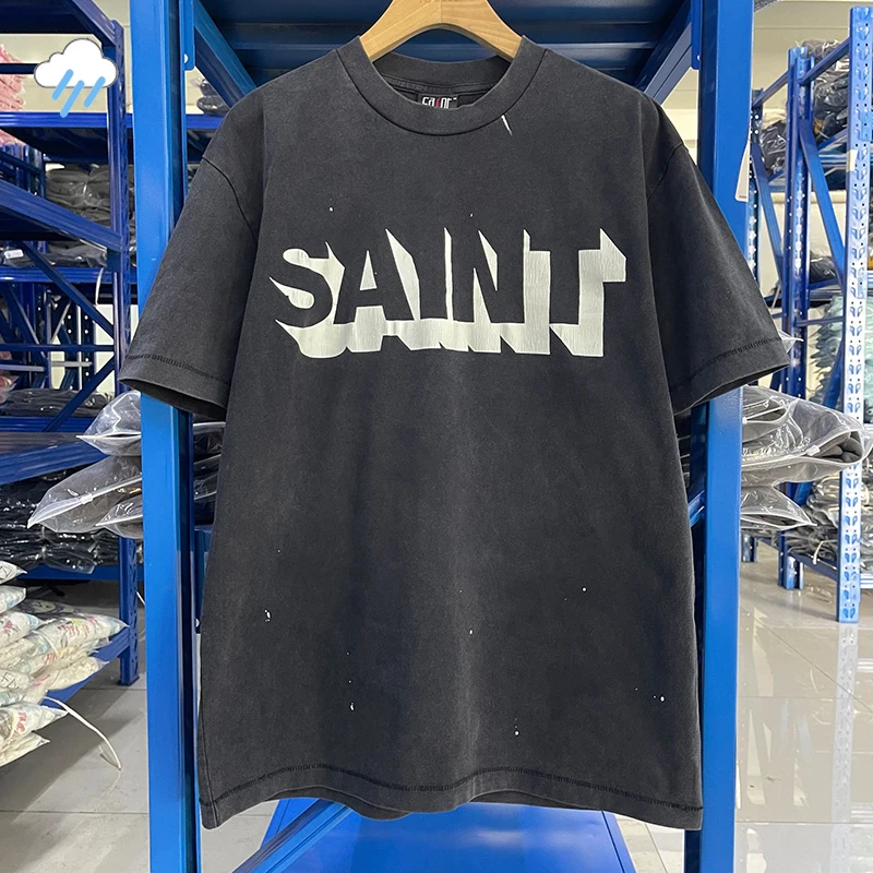 Men Women High Street Vintage Washed Black T-Shirt Top Quality Cototn TEE 3D Cracked Letters Logo Print Saint T Shirt With Tags