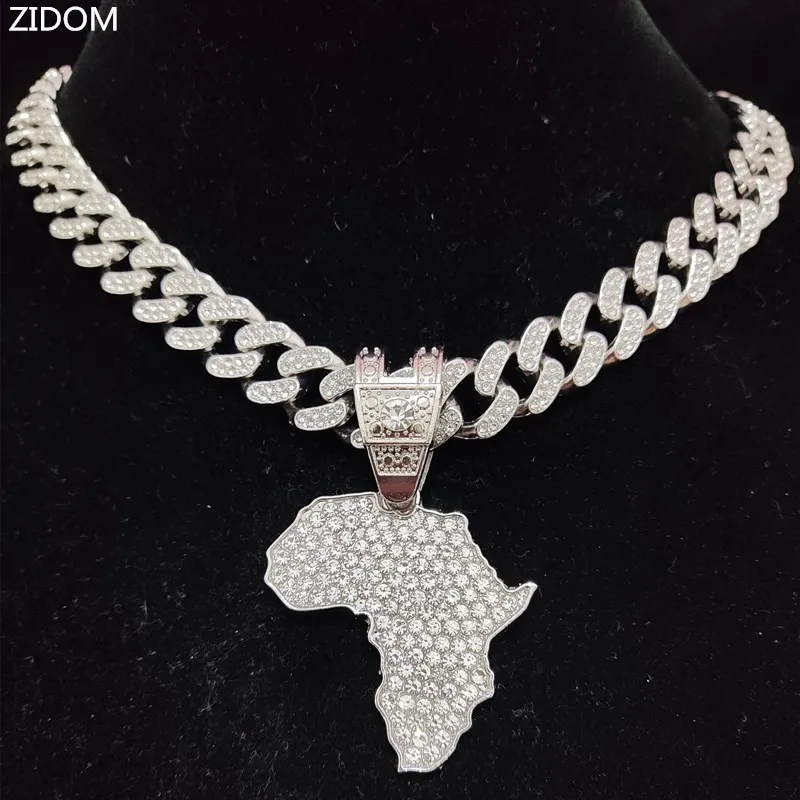 Men Women Hip Hop Iced Out Bling Map of Africa Pendant Necklace with 13mm Cuban Chain HipHop Necklaces Fashion Charm Jewelry