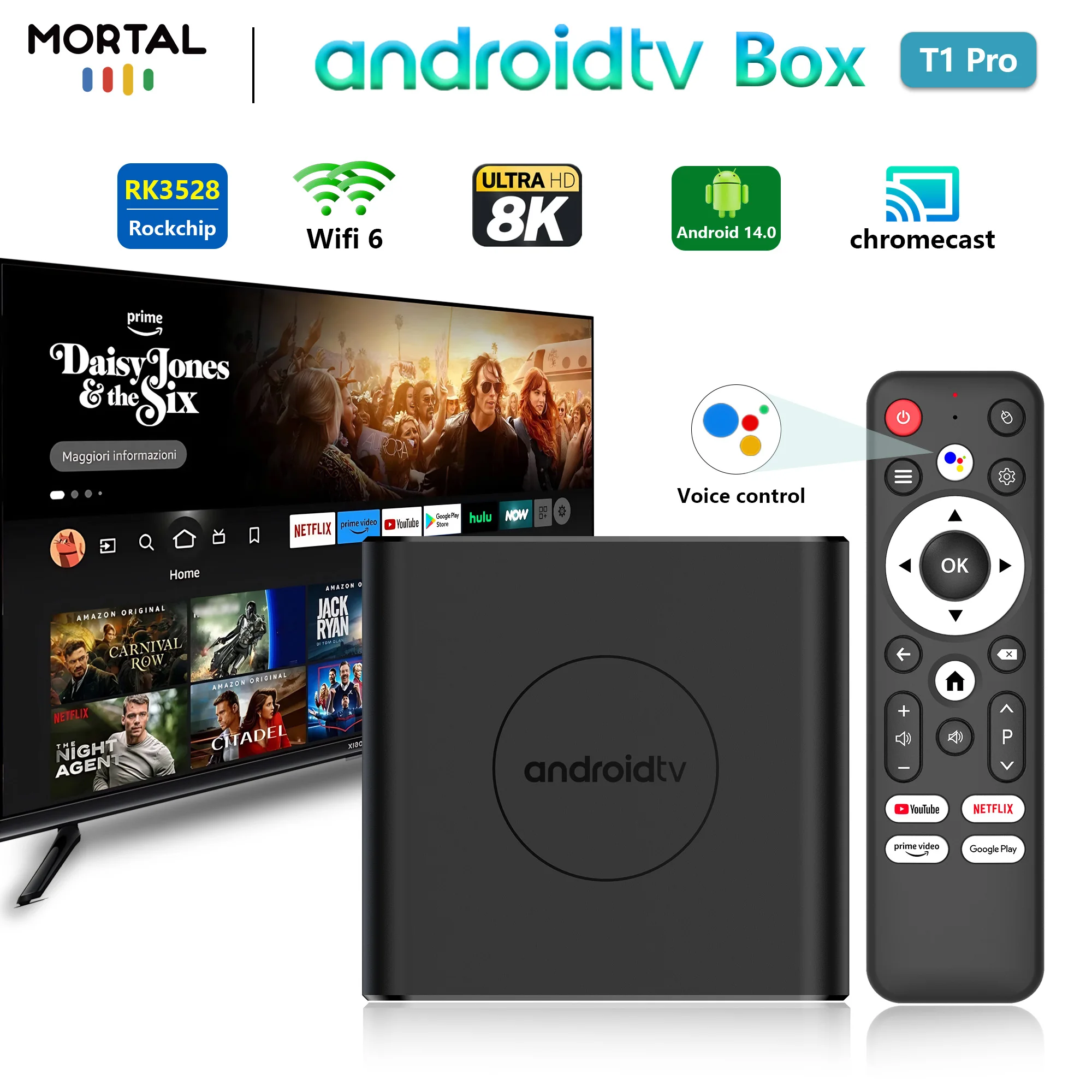 Mortal T1pro RK3528 Quad Core Smart TV Box Wi-Fi 6 Streaming 8K HDR Android14 With Voice Remote Netflix Youtube Free Live TV  