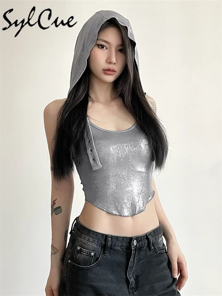 Nibber Silver Retro Matte Cyberpunk Fashionable High Street Sexy Mature Confident Cool Simple Women's Summer Thin Hooded Vest