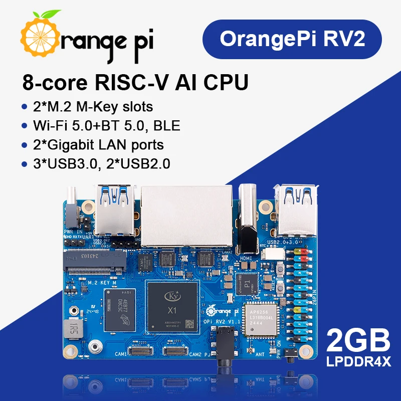 Orange Pi RV2 AI Development Board 2GB RAM RISC-V 2 TOPS NPU WiFi+BT5.0 Gigabit Ethernet SBC M2 NVMe SSD Single Board Computer