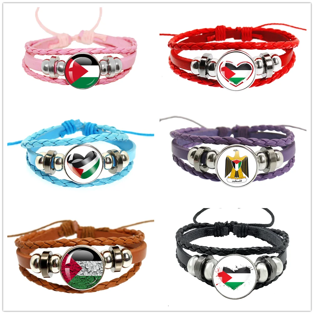 Palestine Nation Flag Emblem Patterns Black,Blue,Pink,Red,Purple, Brown Leather Bracelets Handmade Multi-Layer Woven Bracelet